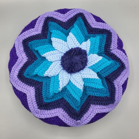 Vtg Crochet Round Granny Throw Pillow Navy Blue Purple Yarn Ruffled Handmade - Picture 7 of 11